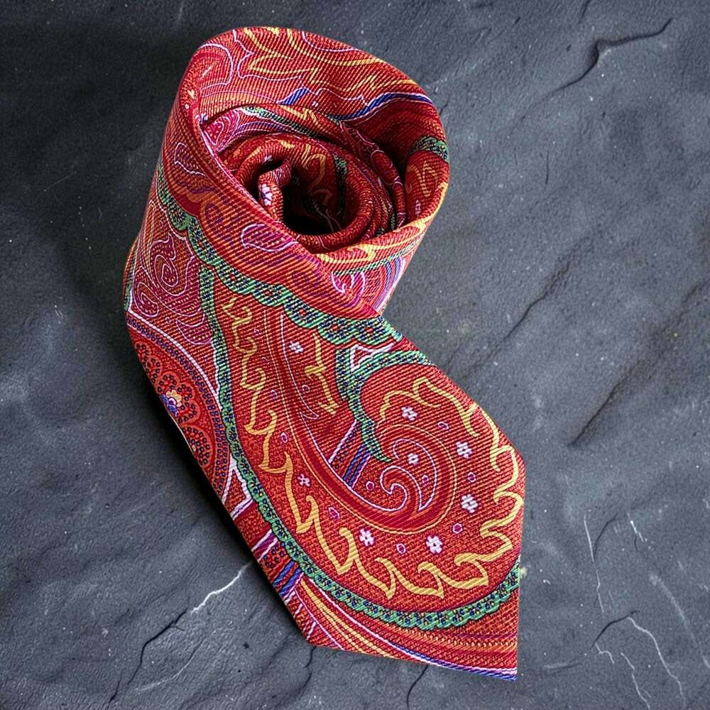 Polo Ralph Lauren 100% Silk Tie Orange Red Paisley Floral Italian Made Necktie